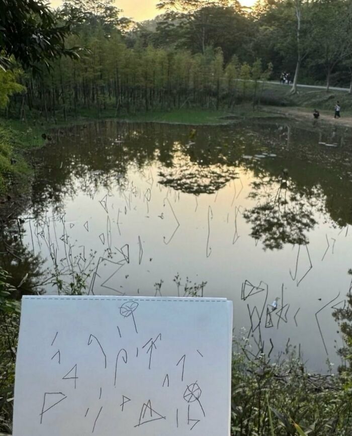 Weird photos showing a drawing matching the linear reflections on a pond surface.