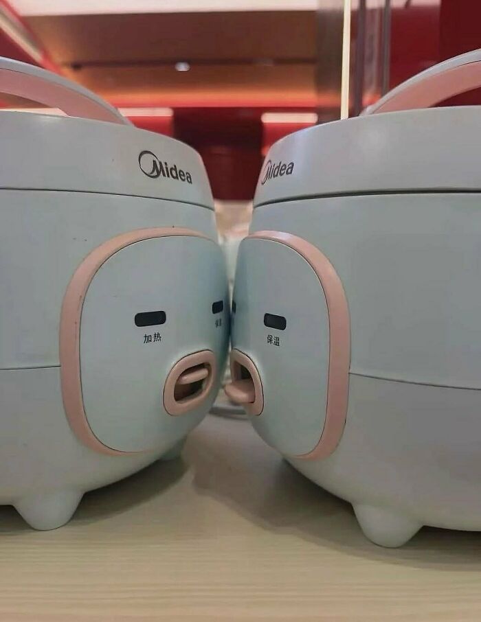 Funny photos of two rice cookers lined up as if kissing.