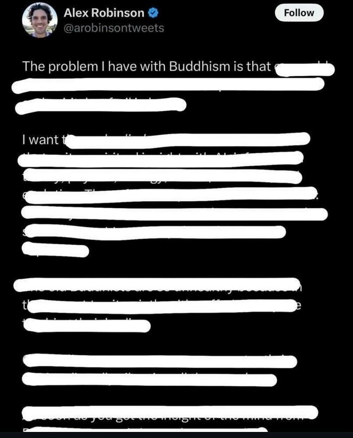 Redacted tweet about Buddhism shown as a weird post in a collection of random photos.