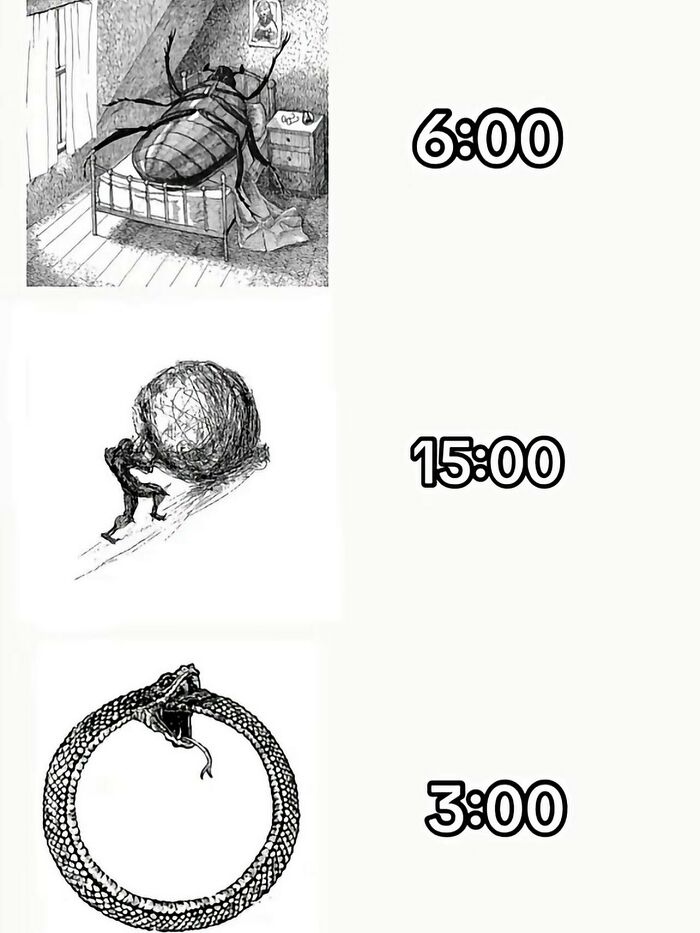 Three sketches representing time and routines as random photos featuring a giant beetle, Sisyphus, and an Ouroboros