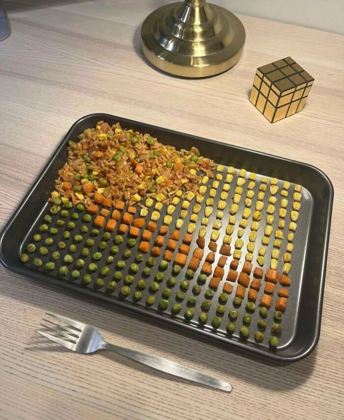 Fried rice sorted into rows of peas and corn as weird and funny random photos