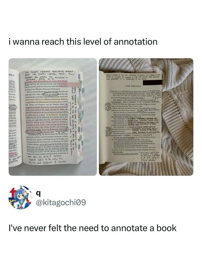 Meme contrasting heavily annotated books with plain ones, featured in a collection of random photos.