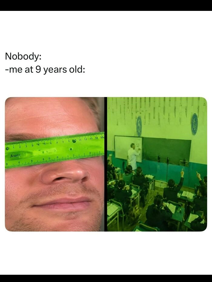 Meme of a person looking through a green ruler in class, part of weird and funny photos.