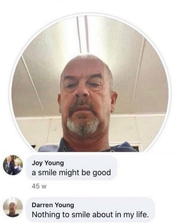 Social media post showing a serious man with a funny comment, examples of weird and funny photos.
