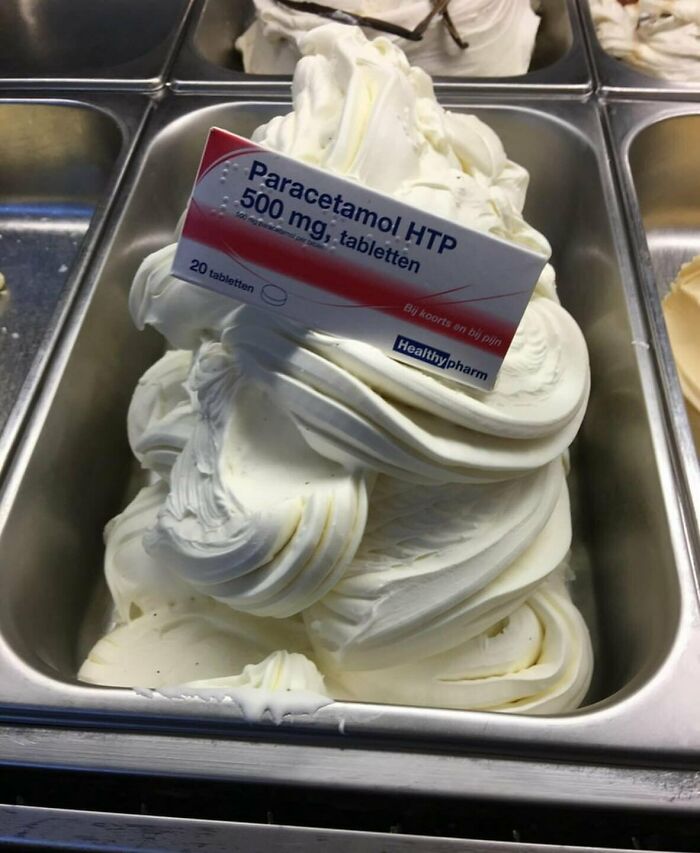 Gelato tray with a Paracetamol label stuck on top, fitting weird and funny photos.
