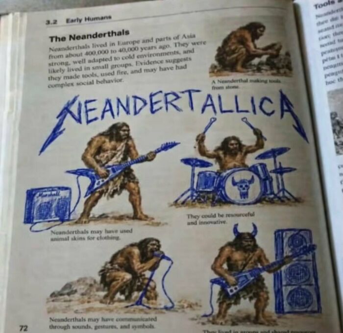 History textbook doodles transforming Neanderthals into a rock band called Neandertallica, a weird funny picture.