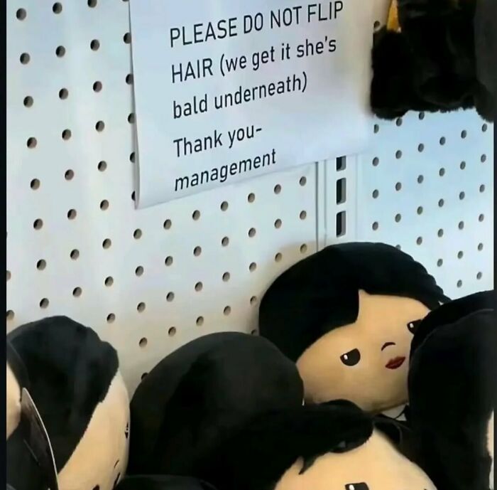 Retail sign warning customers not to flip doll hair, featured among weird and funny photos.