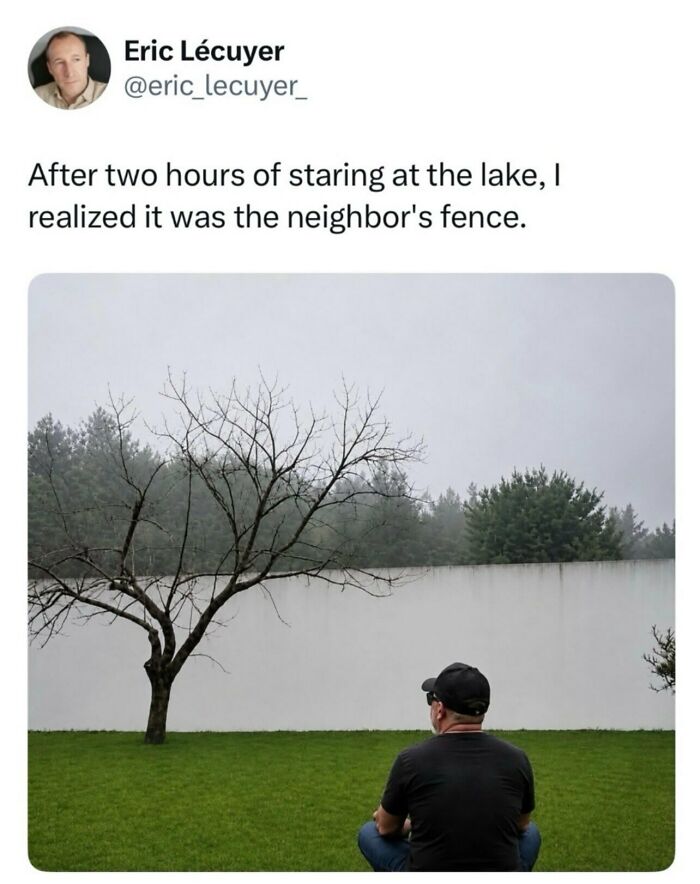 Man staring at a white fence thinking it is a lake, one of several weird and funny photos.