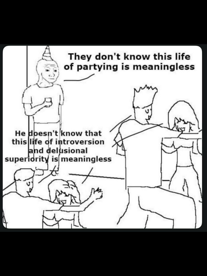 Line drawing meme of a party with ironic text captions, one of many weird and funny photos.