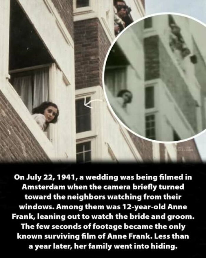 Historical photo of young Anne Frank looking from a window, one of the most interesting history moments captured on film.