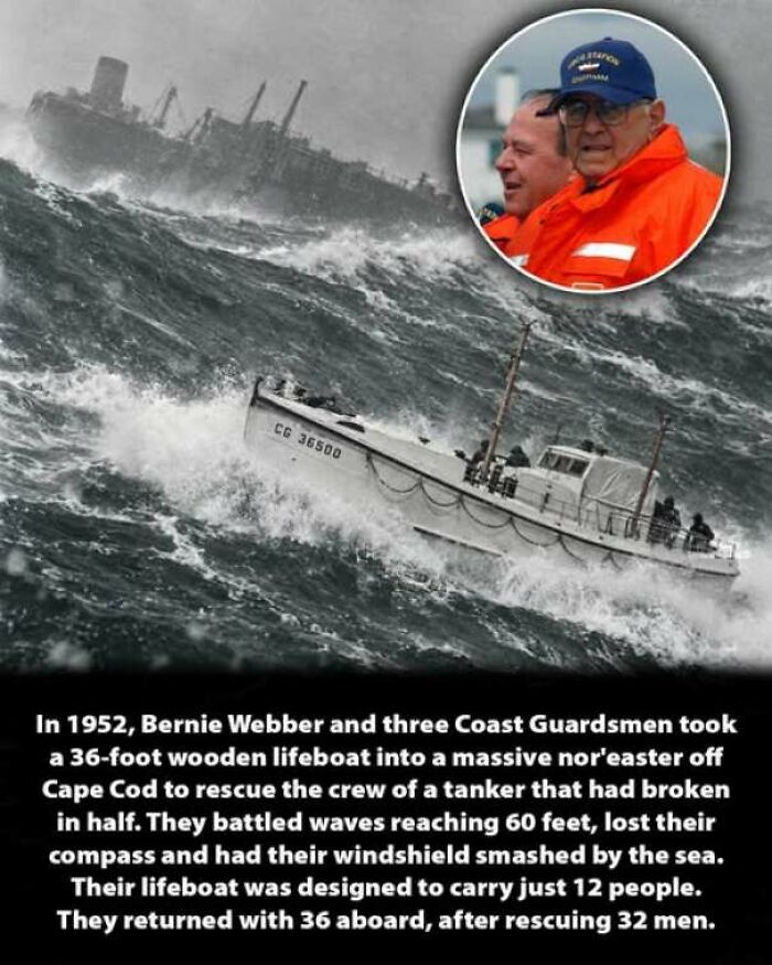Coast Guard lifeboat battling rough seas during a 1952 rescue mission, highlighting interesting history moments.