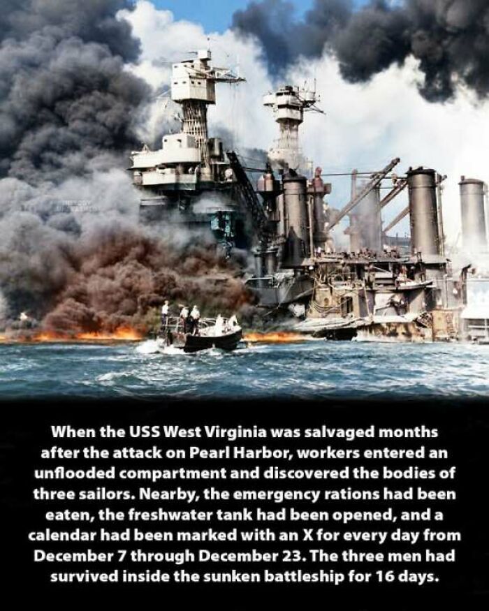 Historical photo of the USS West Virginia after Pearl Harbor, showing interesting history moments from World War II.