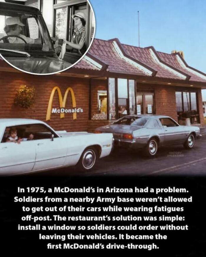 A vintage photo showing one of the interesting history moments detailing the first McDonald drive-through in 1975.