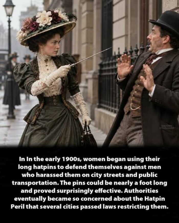 Woman defending herself with a long hatpin in the early 1900s, reflecting unique history moments.