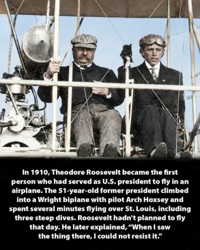 Theodore Roosevelt sitting in an early Wright biplane showcasing interesting history moments.