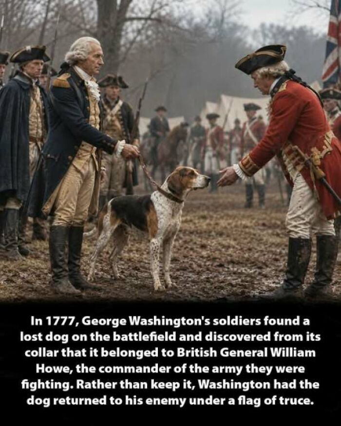 George Washington returning a lost hound dog, highlighting fascinating history moments from wartime past.