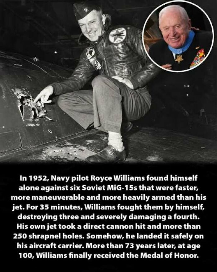 Navy pilot Royce Williams inspecting battle damage on his jet in interesting history moments.