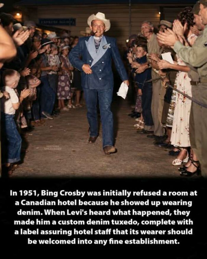Bing Crosby wearing a custom Levis denim tuxedo, capturing interesting history moments.