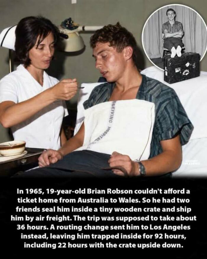 Nurse tending to Brian Robson after his crate journey, an interesting history moment.