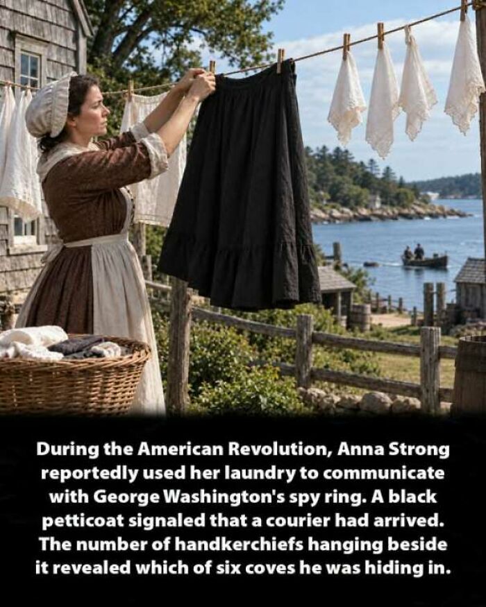Woman hanging laundry as secret signals, illustrating interesting history moments.