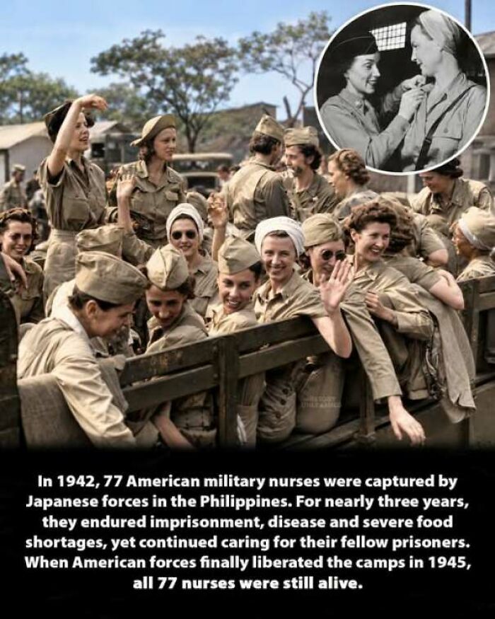 Group of American military nurses smiling after liberation in one of history moments.
