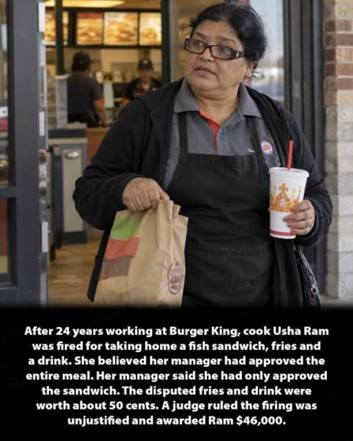 Fast food worker Usha Ram holding a paper bag and drink outside, sharing an interesting history moment.