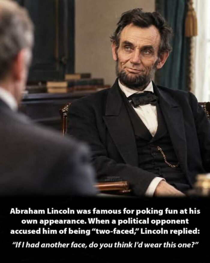Abraham Lincoln portrait with caption about self-deprecating humor from interesting history moments.
