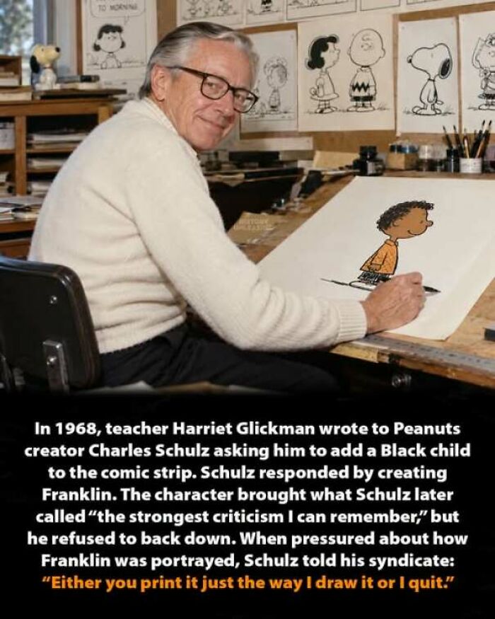 Charles Schulz drawing the Peanuts character Franklin at his desk, an interesting history moment.
