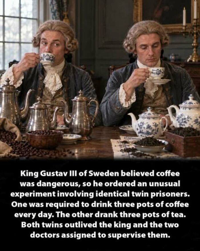 Two men in historical attire drinking coffee and tea for a Swedish experiment, showing unusual history moments.