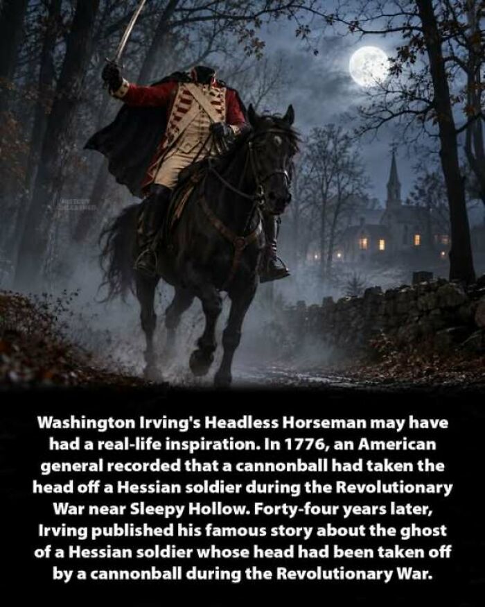 Depiction of the Headless Horseman riding a black horse at night, an interesting history moment.