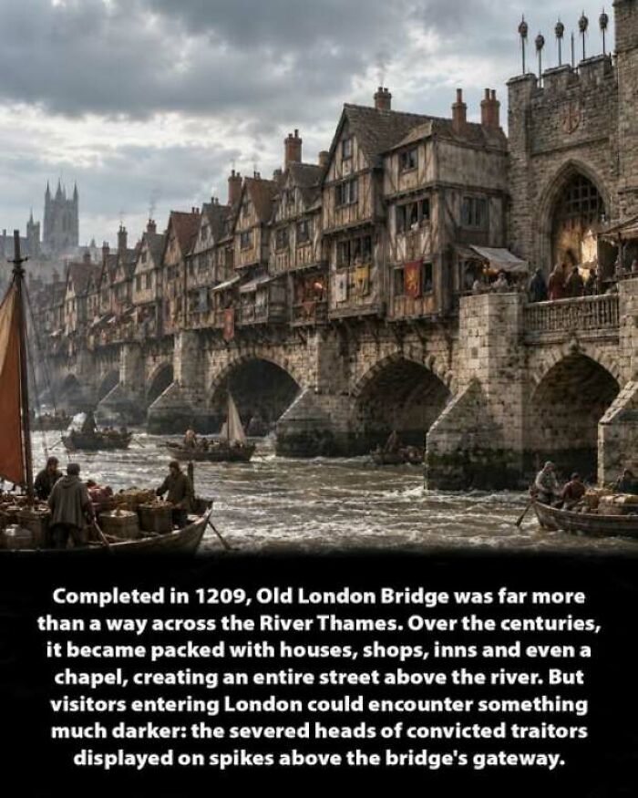Historic depiction of Old London Bridge filled with buildings and boats on the river.