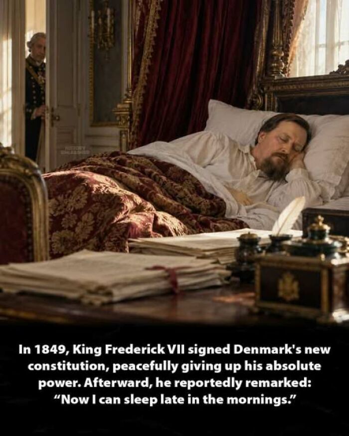 King Frederick VII sleeping peacefully in bed, illustrating an interesting history moment after signing the constitution.