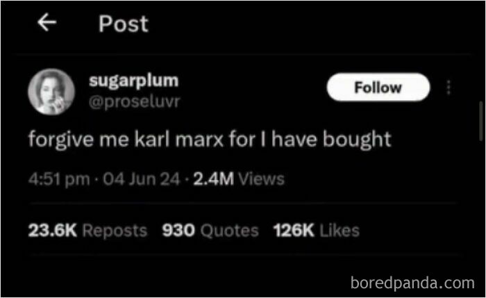 Social media post meme referencing Karl Marx with humorous tone
