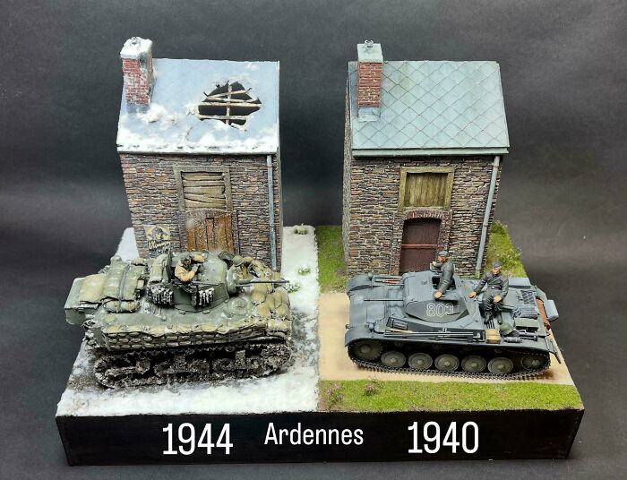 Miniature WWII tanks and buildings diorama labeled 1944 Ardennes and 1940