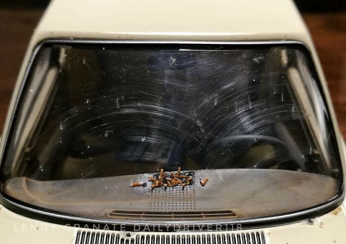 Miniature car dashboard covered with tiny cigarette butts under windshield