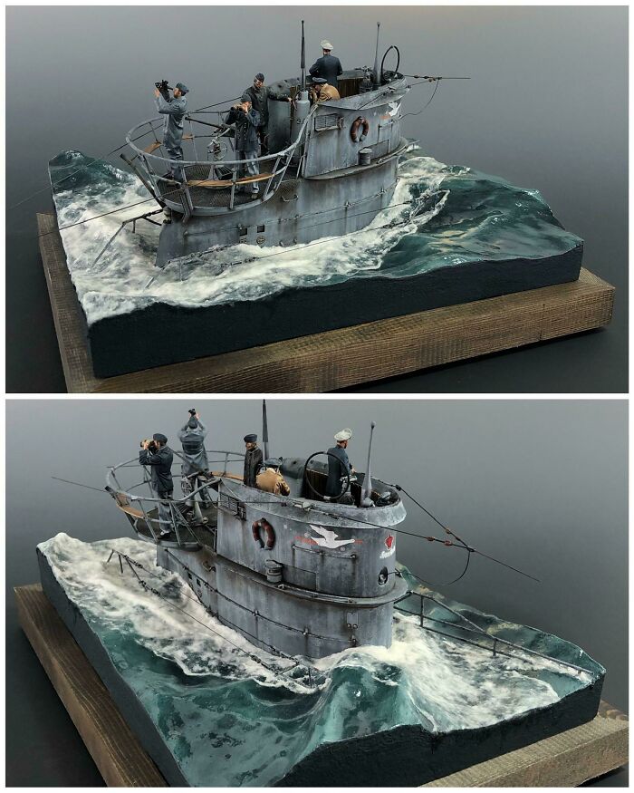 Detailed miniature submarine model with crew navigating rough waves on wooden base