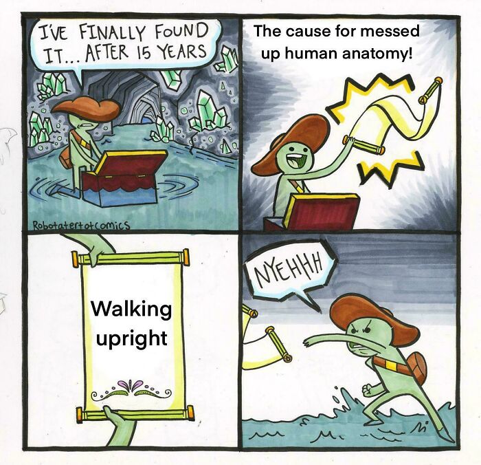 Biology meme about walking upright causing messed up human anatomy