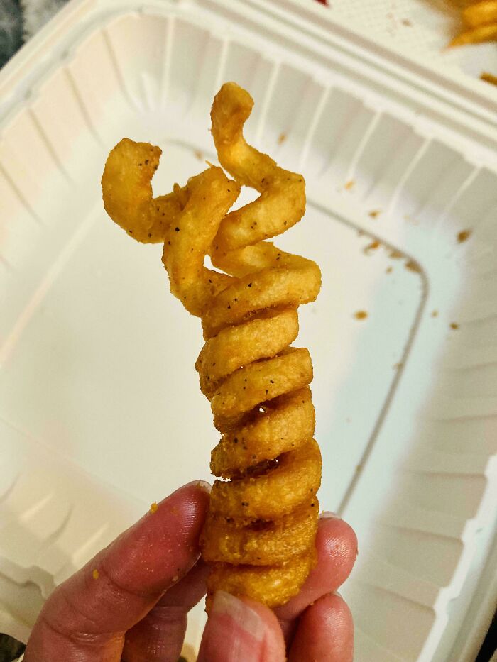 Curly fry resembling a DNA double helix, held by fingers in a food container
