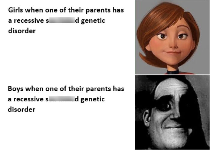 Biology meme about genetic disorders showing different reactions of girls and boys