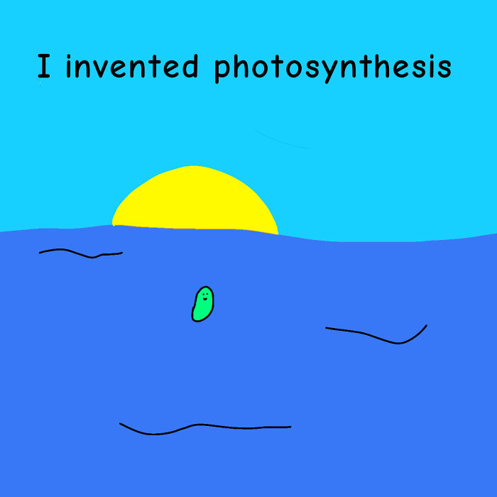 Funny biology meme with microorganism claiming to invent photosynthesis at sunrise