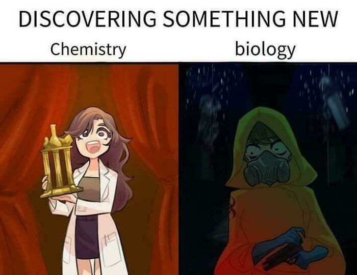 Biology meme comparing discovering new things in chemistry and biology