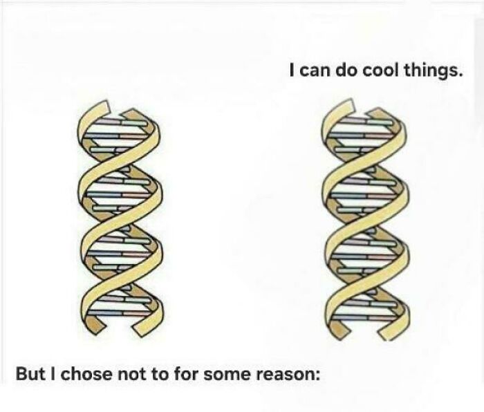 Cartoon DNA strand meme joking about doing cool things in biology.