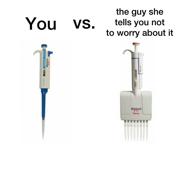 Biology lab meme comparing single-channel and multi-channel pipettes.