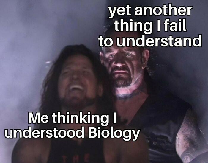 Funny biology meme about misunderstanding biology concepts with two men in spotlight.