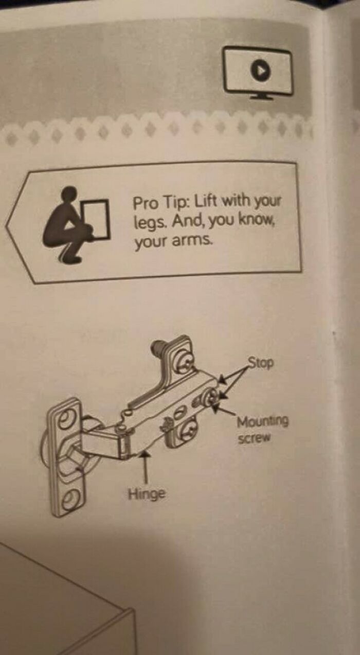 A page of confusing instructions showing a tip to lift with legs and arms along with hinge hardware diagrams