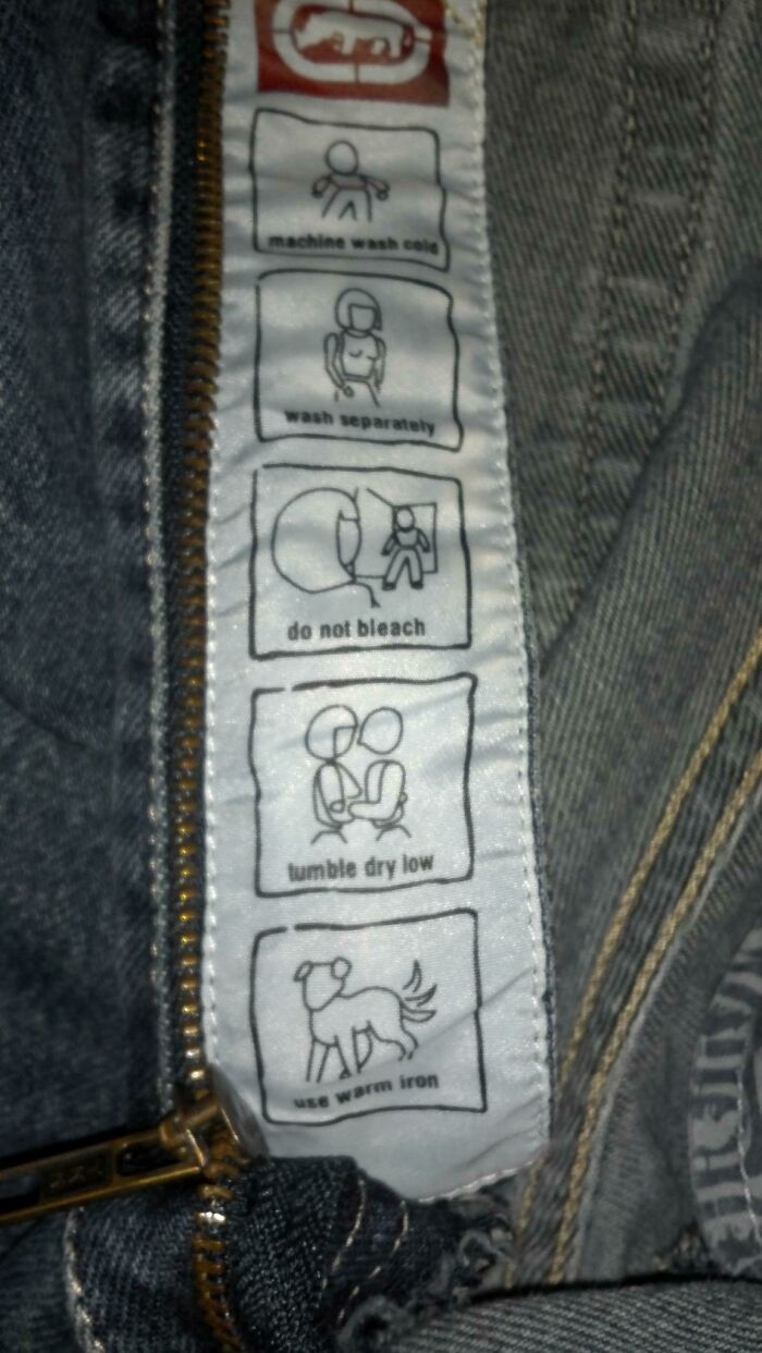Clothing tag with confusing labels and instructions illustrated by strange icons.