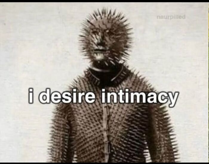 Spiked suit figure with text reading i desire intimacy in a series of weird and funny photos.