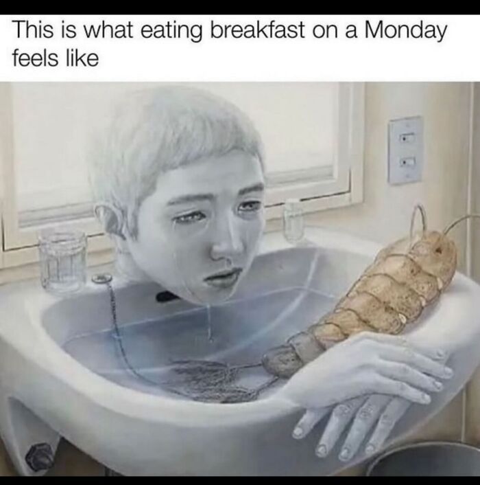 Surreal artwork of a head and creature in a sink, featured in a collection of weird and funny photos.