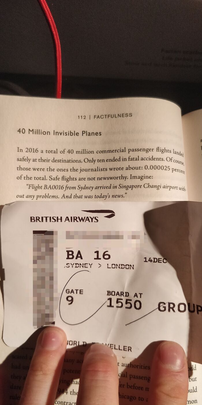 Flight ticket BA 16 from Sydney with matching text about safe flights from Factfulness book