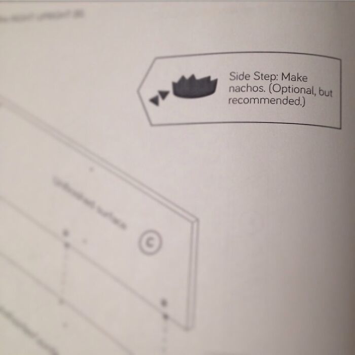 An assembly manual with confusing instructions including a side step advising to make nachos.